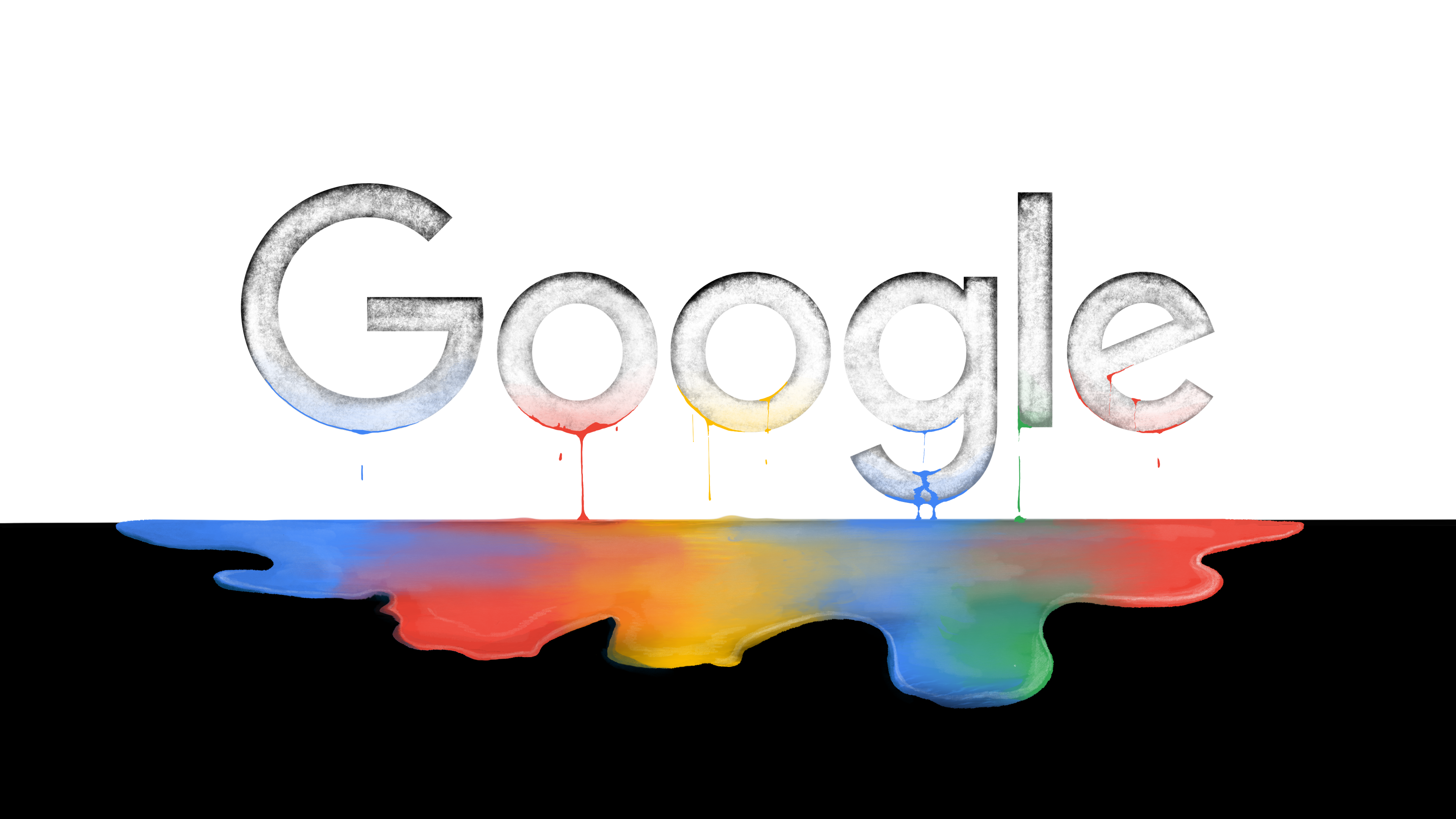 Google's logo appears transparent, as the colors of blue, orange, green, red and yellow are drained from it and pool below it