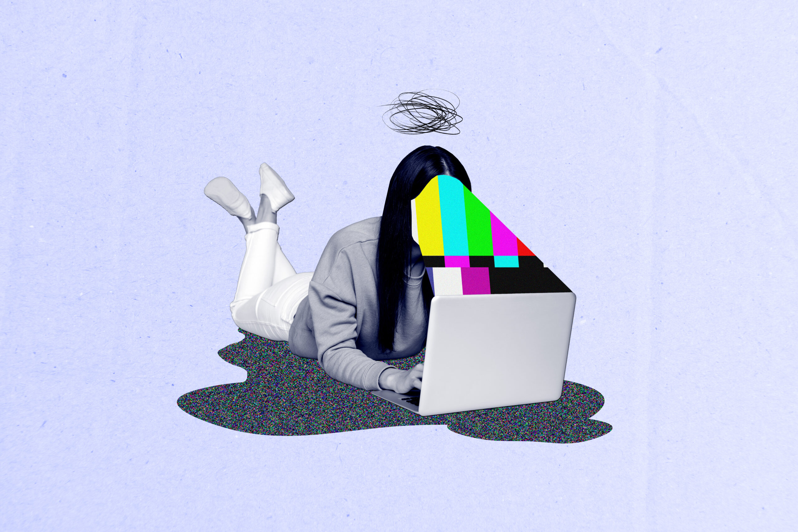 An illustration of a woman at a laptop having a TV test pattern superimposed over her face.