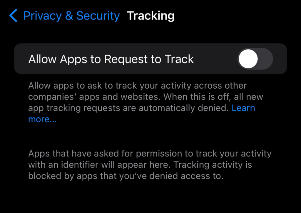 A screenshot of Apple Advertising settings in iOS, showing how you can deny apps the opportunity to ask if they can track you. 