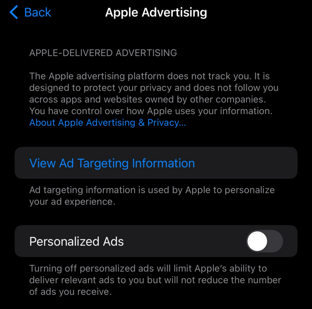 A screenshot of the Apple Advertising settings in iOS, showing how you can opt out of personalized ads. 