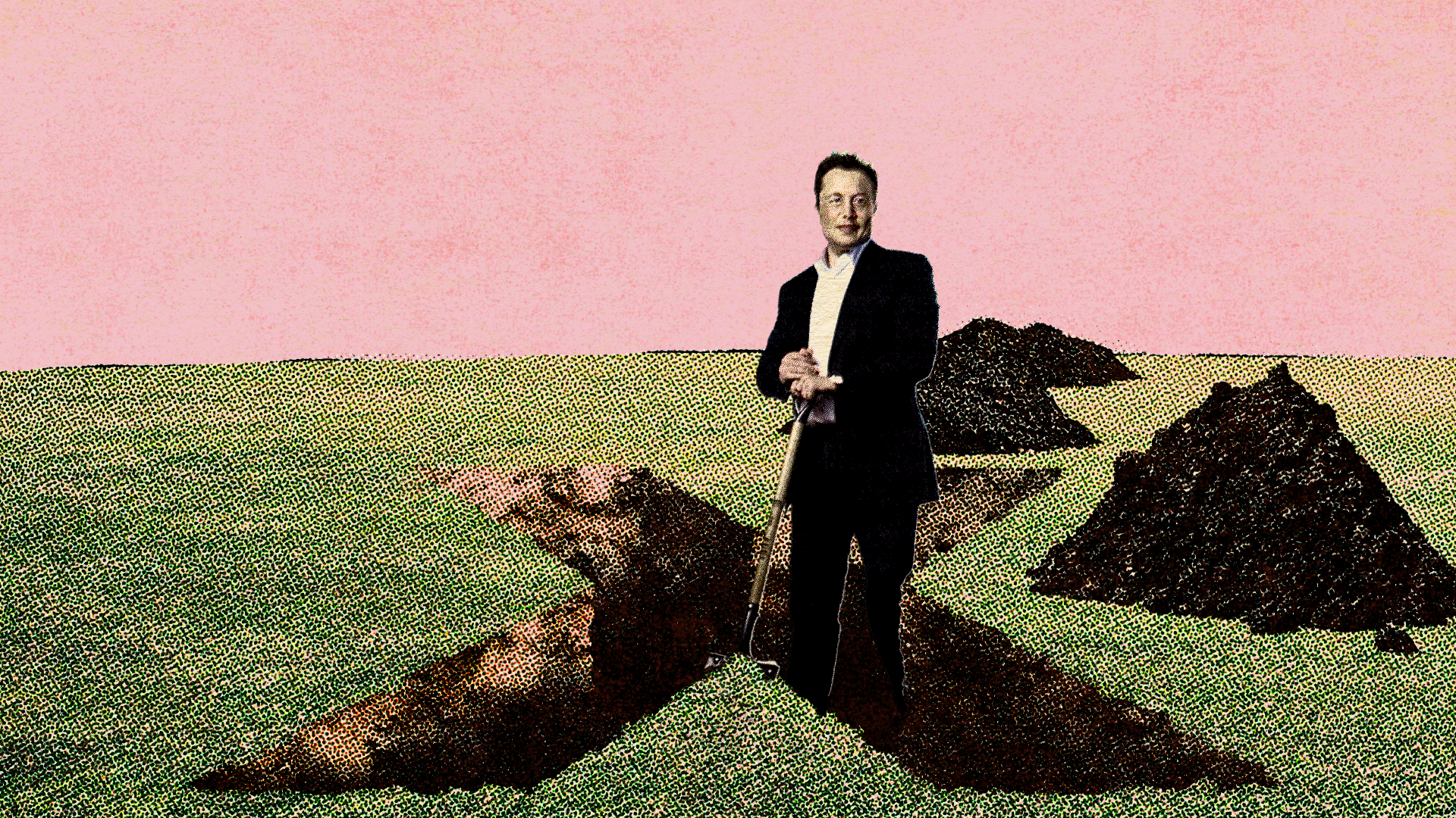 An illustration of Elon Musk holding a shovel and standing in an X-shaped hole.