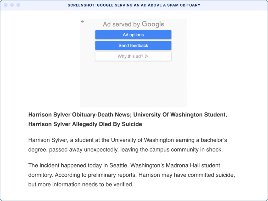 The text "Ad served by google" appearing in an ad unit above an excerpt from a spam obituary for Harrison Sylver.