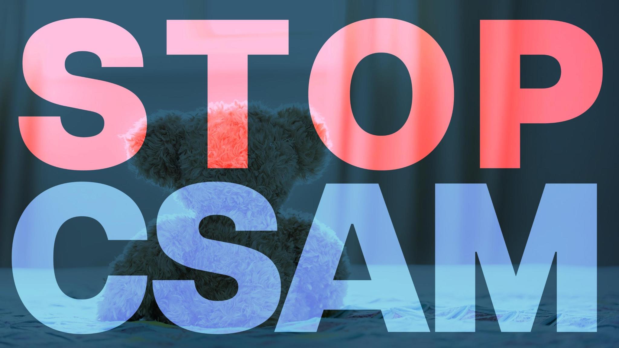 Image a of teddy bear with the text "STOP CSAM" superimposed on top