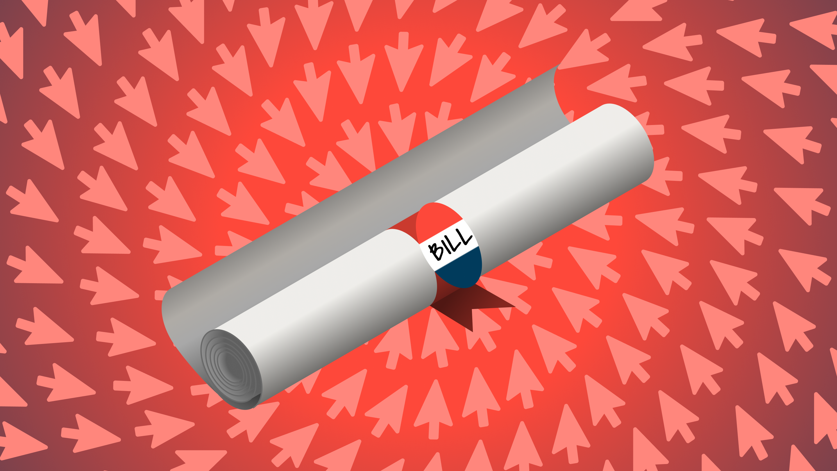 Picture of a paper legislative bill rolled up on a background of swirling red mouse cursor arrows pointing at it