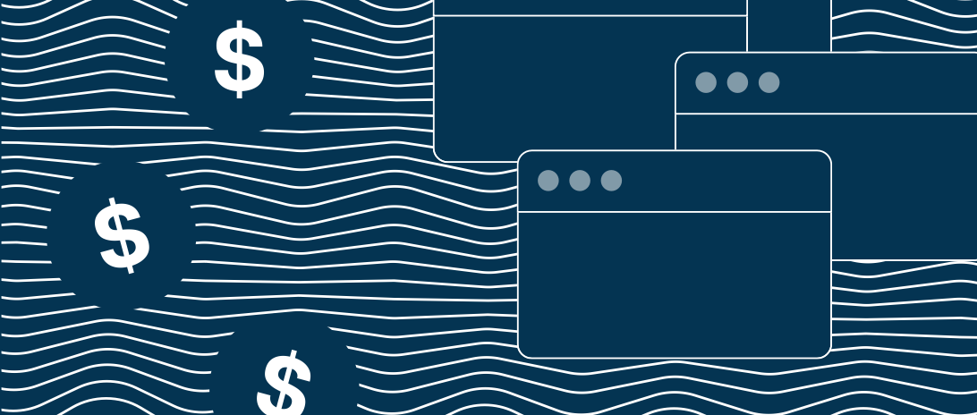 illustration of dollar coins and windows floating on a sea of lines