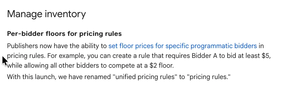 Screenshot of Google's new per-bidder pricing floors set by publishers