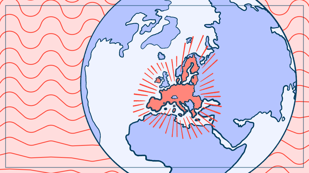 Illustration of a globe on top of red waving lines