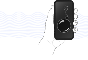 Illustration of a hand holding a phone that is showing a picture of a cartoon bomb