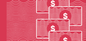 Illustration of dollar bills on top of a wavy field of lines