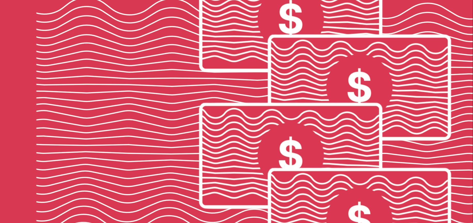 Illustration of dollar bills on top of a wavy field of lines