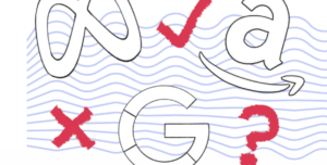 Illustration of Meta, Amazon, and Google logos on a wavy field of lines