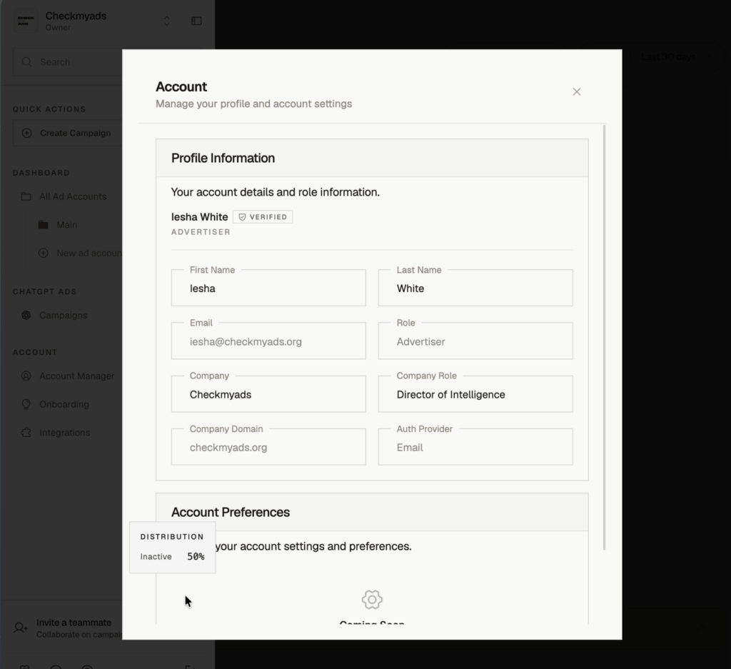 Screenshot of Thrad account settings