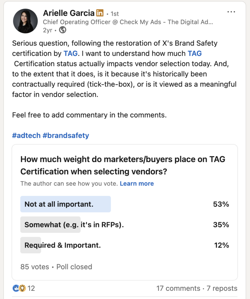 Screenshot of LinkedIn poll that Arielle Garcia ran