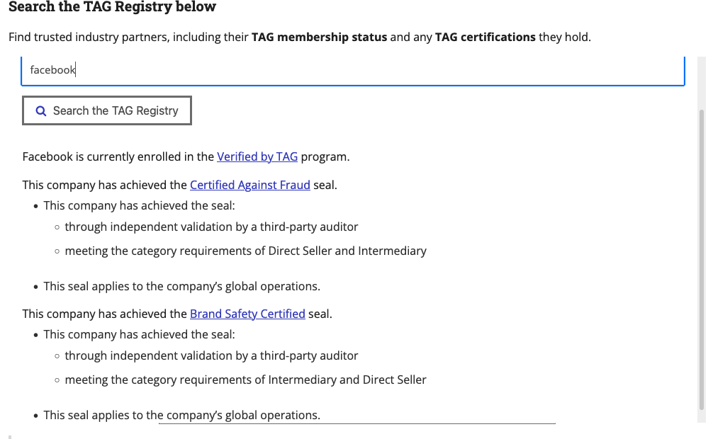 Search the TAG Registry: Facebook results