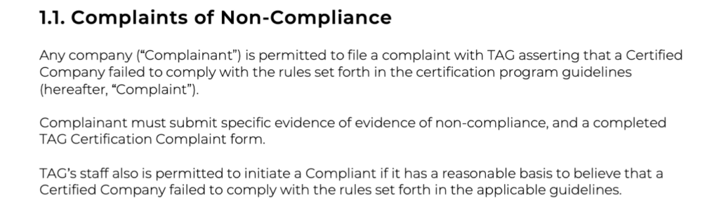 TAG Due Process for Allegations of Non-Compliance & Appeal | Version 2.0 (January 2018) explicitly allows “any company” to file a complaint with TAG.