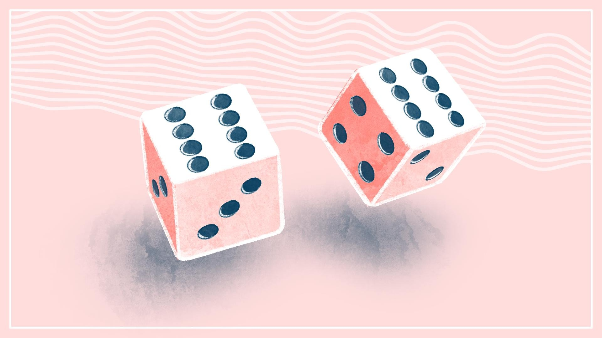 Illustration of two dice with 8 pips on each