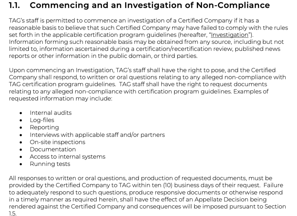 TAG Due Process for Allegations of Non-Compliance & Appeal | Version 3.0 (May 2024) removes mention of third-party complainants, leaving the decision of opening an investigation solely in TAG staff’s hands. 